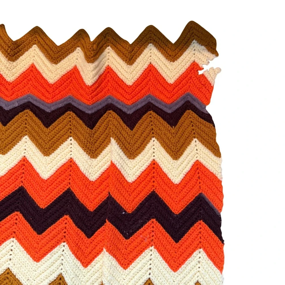 Vtg Crochet Afghan Blanket Zig Zag Chevron Orange Brown Cream Cottagecore Hippie